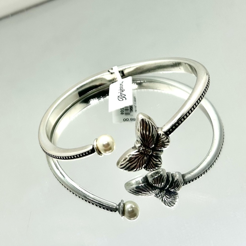 Brighton Bloom Butterfly Pearl Open Bangle Silver  JF9333 New $88